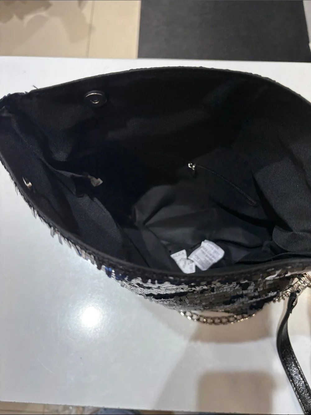 Sparkling Black Sequin Clutch with Silver Chain Strap